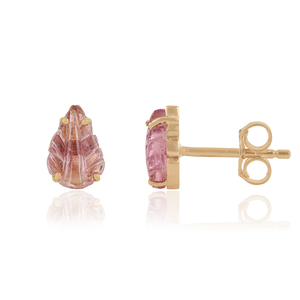 Boucles d'oreilles simples en forme de feuille de tourmaline rose, sculptées à la main, en or jaune véritable K14, pour femmes, bijoux à porter au quotidien - Product Image 3