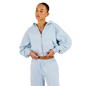 Womens Cropped Full <b>Zip</b> Hooded Tracksuit Set Relaxed Straight Leg <b>Trousers</b> Drawstring Waist Everyday Two Piece Athleisure Outfit - Product Image 4