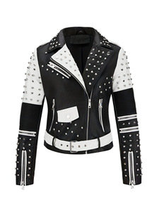 Chaqueta de Cuero Negra y Blanca Estilo Motero con Tachuelas de Diamantes de Imitación, Manga Larga, Estilo para Todas las Temporadas - Product Image 5