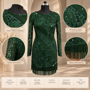 Minivestido de fiesta con lentejuelas verde esmeralda, manga larga y cuello redondo |   Vestido de noche ajustado con detalle de flecos bordados en forma de hoja - Product Image 5