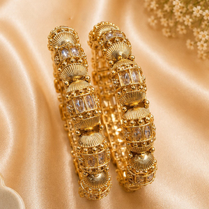JeweleMarket Gold Plated Crystal Rhinestone Freshwater Pearl <b>Bangles</b> <b>Set</b> Women | Traditional Indian Ethnic Jewelry Maharashtra | - Product Image 1