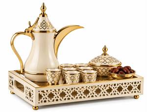 Luxury Cream Gold Arabic Coffee Set Dallah <b>Pot</b> <b>Ceramic</b> Cups Covered Bowl Patterned Tray Middle East Drinkware Wholesale - Product Image 1