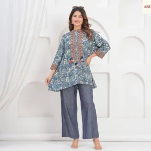 Women <b>Blue</b> Paisley Printed <b>Tunic</b> Two Piece Set Loose Fit Three Quarter Sleeve Ethnic Boho Casual Wide Leg Pants Outfit - Product Image 3