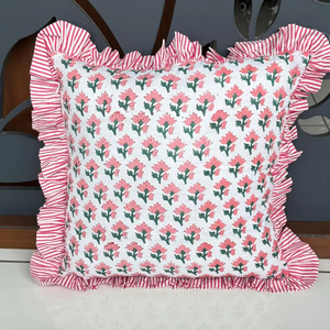 Housse de coussin artisanale moderne bohème en coton à volants, imprimé floral indien, pour la maison et l'hôpital, luxe, avec franges et volants - Product Image 1