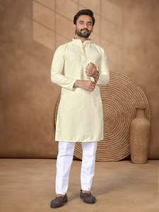 Conjunto de Kurta Larga y Pijama para Hombre, Bordado con Lentejuelas Chikankari en Rayón, con Parte Inferior de Algodón - Product Image 6