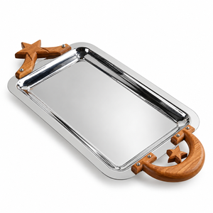 Plateau de service finition miroir avec poignées en bois en forme de croissant et d'étoile pour les dattes |   Plateau rectangulaire en acier inoxydable pour la décoration de table - Product Image 1