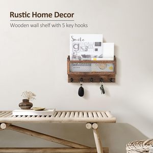Porta Llaves y Correo Decorativo para Pared, Organizador de Llaves de Madera de 11 Pulgadas con 5 Ganchos, Estante de Almacenamiento para Montar en la Pared, Color Marrón - Product Image 2