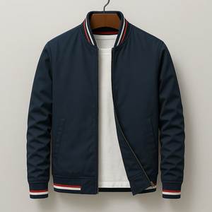 Blouson bomber pour homme, couleur unie, fermeture éclair, col rabattable, coupe-vent décontracté en polyester, idéal pour l'automne - Product Image 1