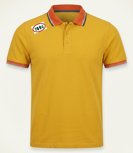 Polo de golf blanc en coton personnalisé, uniforme, avec bordure jaune et rouge - Product Image 1