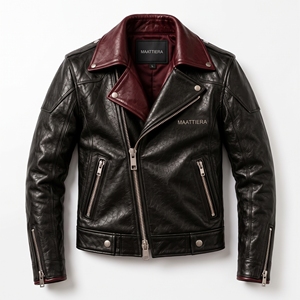 Blouson Biker Homme Noir Bordeaux Effet Cuir Col Large Contrastant Fermeture Éclair Coupe Slim Personnalisable OEM ODM Vente en Gros - Product Image 5