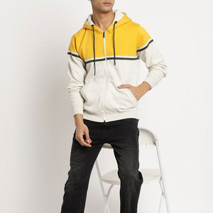 Sweat-shirt à capuche zippé pour homme, couleur crème jaune, avec blocs de couleur contrastés, en molleton, manches longues, cordon de serrage, style streetwear décontracté - Product Image 5