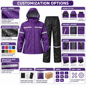 Custom <b>Purple</b> Weather Guard Waterproof Rain <b>Suit</b> Hooded Jacket Pants Reflective Outdoor Workwear Weather Protection Supplier - Product Image 3