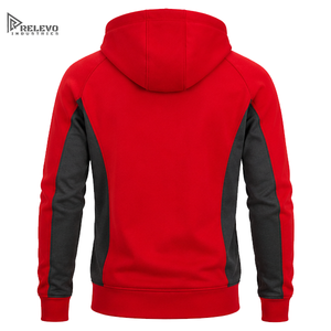 Sweat-shirt à capuche zippé pour homme avec logo personnalisé, en molleton épais, coloris rouge et noir, poches latérales zippées. - Product Image 2