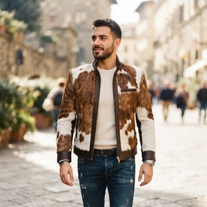 Cowhide Hair Leather <b>Bomber</b> <b>Jacket</b> Plaid Pattern Breathable Design Premium Craftsmanship <b>Men's</b> <b>Summer</b> Casual OEM Service - Product Image 3