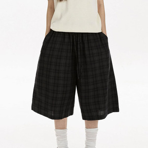 Shorts Harem à carreaux taille haute pour femme, coupe ample, taille élastique, style décontracté, en flanelle de coton avec poches - Product Image 3