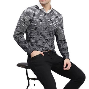 Pull à col en V à motif géométrique pour homme, manches régulières, laine acrylique anti-boulochage, vêtements d'automne, cardigan pour homme - Product Image 2