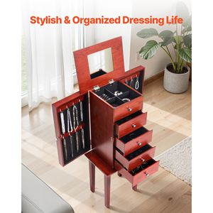 Armadio Portagioie in Legno con Specchio a Ribalta, 4 Ampi Cassetti e 4 Scomparti Superiori, Elegante Organizzatore per Gioielli - Product Image 6