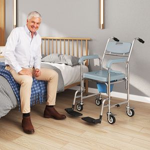 Sedia a rotelle da doccia grigia in PU per anziani, con ruote bloccabili, schienale e braccioli regolabili, utilizzabile anche come sedia comoda da letto - Product Image 2