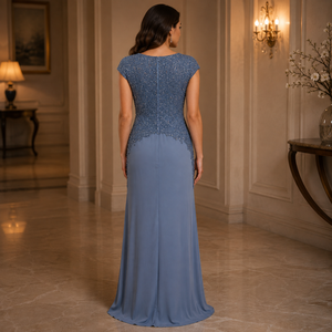 Elegant Dusty Blue Embroidered Evening Gown for Women Scoop Neck Cap Sleeve Formal Maxi Dress Party Wedding Guest Prom Dress - Product Image 3