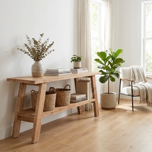 <b>Rustic</b> Solid Wood Console <b>Table</b> 2 Tier Bottom Shelf <b>Wooden</b> Entryway Hallway Side <b>Table</b> Natural Timber Living Room Home Furniture - Product Image 3