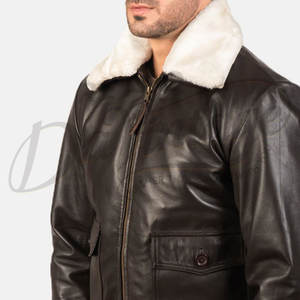 Blouson aviateur en cuir marron foncé pour homme de qualité supérieure avec col en fausse fourrure blanche, veste de pilote classique, vêtement d'extérieur chaud pour l'hiver - Product Image 1