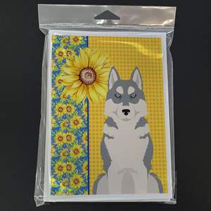 Whimsical Summer Sunflowers y Grey Siberian Husky Pack 8 A7 Tamaño 5x7 Tarjetas de felicitación en blanco con sobres para notas - Product Image 3