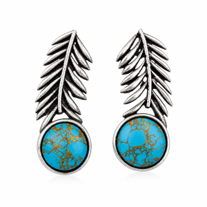 Direct Wholesale Trendy Antique Silver Plated Stainless Steel Plant Design Bezel Setting <b>Stud</b> <b>Earrings</b> <b>Turquoise</b> Stone Women's - Product Image 1