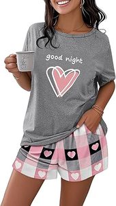 Haut de nuit tricoté gris à manches courtes pour femme avec ourlet géométrique rose – Tenue décontractée d'été - Product Image 4