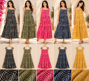 Geometric Print Empire Waist A-Line Midi <b>Dress</b> Spaghetti Strap Lace Up Casual <b>Summer</b> <b>Dress</b> Woven Viscose Polyester <b>Loose</b> Fit - Product Image 2