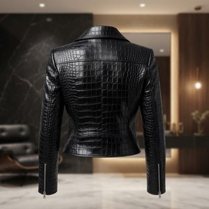 Chaqueta de Moto de Cuero PU con Estampado de Cocodrilo Negro para Mujer, Cierre de Cremallera, Manga Larga, Cuello Camisero, Largo Regular, Otoño - Product Image 6