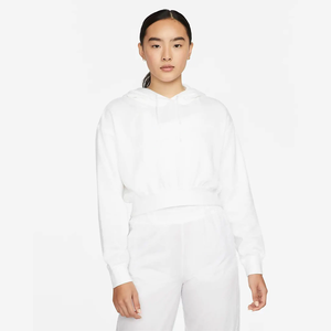 Sudadera con capucha blanca holgada para mujer, 66% algodón, 34% poliéster reciclado, tacto suave, bolsillo canguro, estilo crop frontal para invierno - Product Image 1