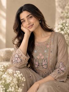 Traje Anarkali de Algodón Beige para Mujer con Dupatta Bordada, Estilo Tradicional Indio-Pakistaní, Corte Holgado y Largo hasta el Suelo, Ropa Casual - Product Image 2