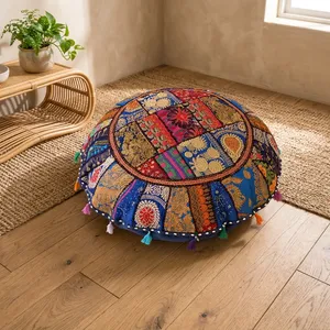 Cojines Redondos de Patchwork, Fundas de Cojín para Meditación, Cojines de Suelo Bordados Coloridos - Product Image 1