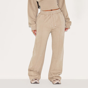 Pantalones de mujer de cintura alta y pierna ancha, 100% algodón, forro polar, con cordón, informales, de color liso, largos, para otoño, con MOQ bajo. - Product Image 3