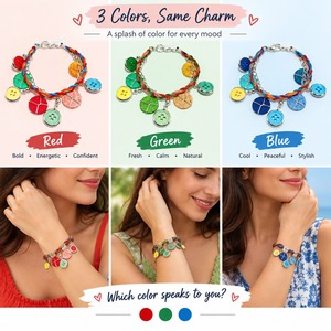 Bracelet à breloques en cordon tressé coloré avec bouton mignon et breloques circulaires - Bijoux bohèmes amusants faits à la main pour femmes - Product Image 3