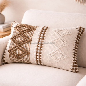 <b>Wool</b> Moroccan Style Boho Lumbar Accent Pillow Case Handloom Diamond Pattern Rustic <b>Brown</b> Pompom Boho 12X20 Pillowslip - Product Image 1