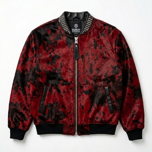 Chaqueta de Cuero Genuino de Pelo de Vaca para Hombre, Estilo Bomber con Estampado Rojo y Negro, Cuello con Tachuelas, Estilo Punk Rock, Venta al por Mayor - Product Image 1