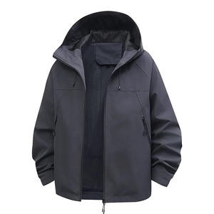 High quality Gray <b>Soft</b> <b>Shell</b> <b>Jacket</b> Long Zip Fly <b>Hooded</b> Waterproof Stand Collar Outdoor Wear Regular Fit Solid Color Polyester - Product Image 2
