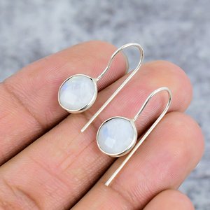 925 <b>Sterling</b> <b>Silver</b> Natural Rainbow Moonstone Handmade Bezel Hook Earrings Trendy Gift for Parties & Everyday Wear - Product Image 2