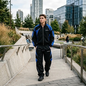Ensemble de survêtement personnalisé pour homme, noir et bleu, avec veste zippée color block et pantalon de jogging, style athlétique streetwear, vente en gros OEM, vêtements de sport - Product Image 5