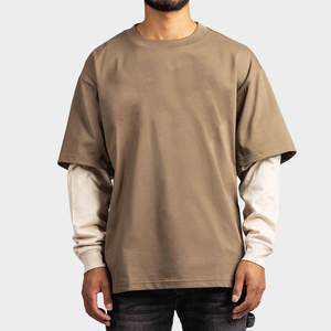 เสื้อยืดแขนสั้นผู้ชายทรงโอเวอร์ไซส์ สีพื้น คอกลม ผ้าคอตตอนเจอร์ซีย์ ดีไซน์เรียบง่าย สไตล์สตรีทแฟชั่น แขนสองชั้น - Product Image 1