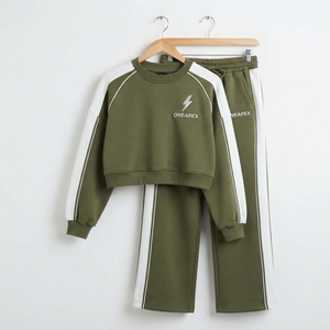 Women's Olive Green <b>White</b> Color Block <b>Cropped</b> <b>Sweatshirt</b> Wide Leg Tracksuit Set Casual Streetwear Sportswear Custom Private - Product Image 6