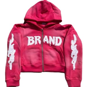 Glory Sweat à capuche zippé pour homme, style streetwear, avec logo personnalisé, en tissu épais, délavé à l'acide, effet vieilli vintage, coupe courte, broderie de strass, OEM - Product Image 1