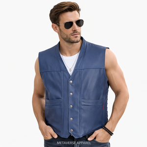 Gilet de motard respirant en polyester/coton bleu pour homme avec col en V, boutons sur le devant et poches latérales, idéal pour l'extérieur en été, vêtement d'extérieur robuste - Product Image 5