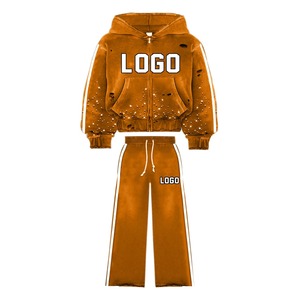 Ensemble survêtement homme personnalisé avec logo, fabriqué en usine, en coton 100% délavé à l'acide, avec strass, fermeture éclair intégrale, grande taille, coupe oversize - Product Image 4