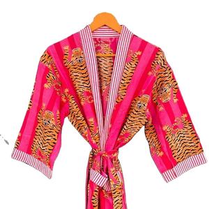 ชุดคลุมกิโมโนผ้าฝ้าย, ชุดคลุมเพื่อนเจ้าสาวลายบล็อกพิมพ์, ชุดนอนฤดูร้อน, ไซส์เดียว - Product Image 1