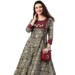 Kurta Anarkali en coton marron imprimé Kalamkari pour femme, col rond, manches trois-quarts, tenue ethnique festive mondiale artisanale - Product Image 1