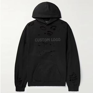 Custom Hoodie Streetwear Vintage Ripped Kangaroo Pocket Hoodie French Terry Distressed Hoodies Men Hoddies - Product Image 1