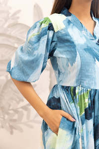 Vestido midi de algodón bordado con cuello cuadrado azul, mangas abullonadas, corte en A, holgado, estilo bohemio, informal, de verano, para mujer, hermoso vestido. - Product Image 3