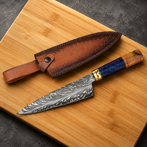 Custom Damascus Steel Chef Knife with Resin Wood Handle Leather Sheath Professional Kitchen Cooking Knife OEM ODM Manufacturer - Product Image 1